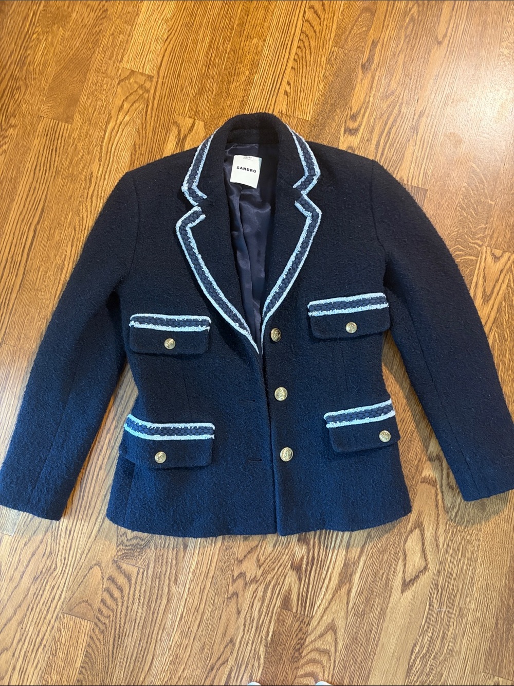 Sandro Navy Bouclé Blazer with Light Blue Trim and Gold Buttons